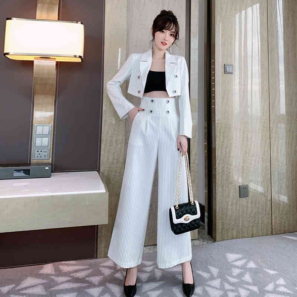 

comfy arrival striped double-breasted short suit long-legged slacks quality elegant pant suits, White