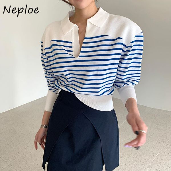 

neploe 2021 panelled striped turn-down collar knitted pullover chic autumn all-match sweater puff sleeve simple women, Black