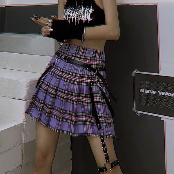 

skirts goth girl harajuku streetwear women punk fahsion high waist a-line pleated purple plaid femme not include belt kv6k, Black