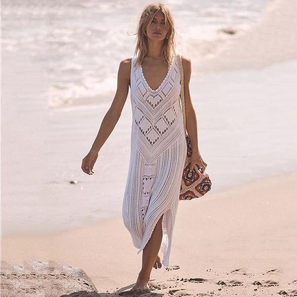 

women's swimwear hollow out bikini cover up women sleeveless cover-ups white crochet tunics for beach split knitted summer dres, White;black