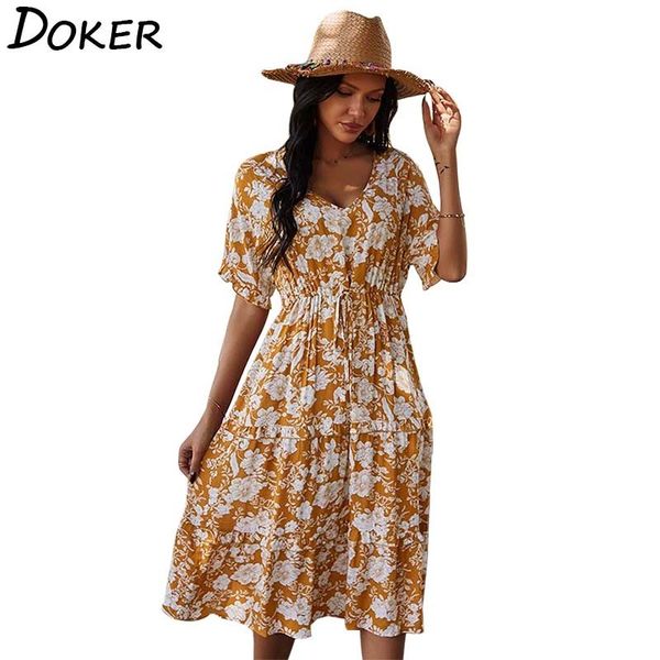 

summer floral midi dresses women fashion elegant clothes v neck short sleeve plus size female boho beach casual dress ropa mujer 210423, Black;gray