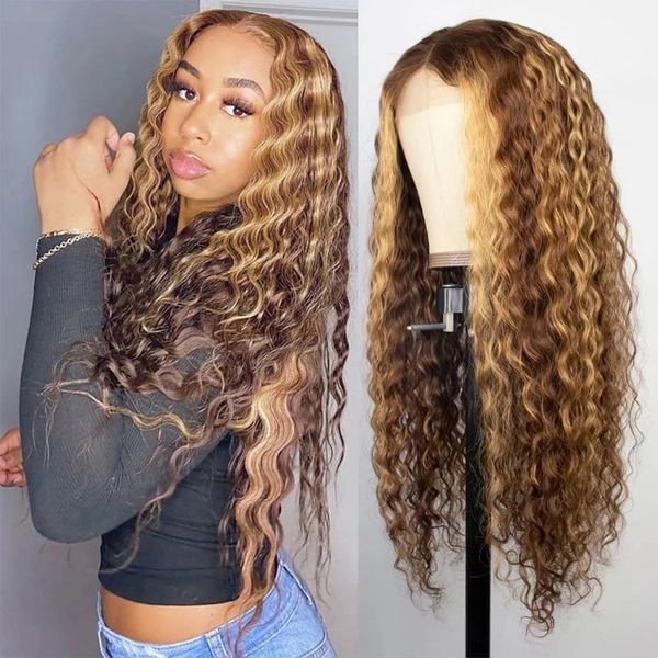 

lx brand highlight wig brown colored human hair wigs for women ombre deep wave frontal wig honey blonde curly lace front human hair wigsfact, Black