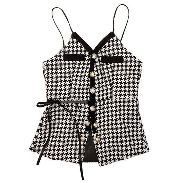 

women camis tank button houndstooth tweed v neck b0260 210514, White