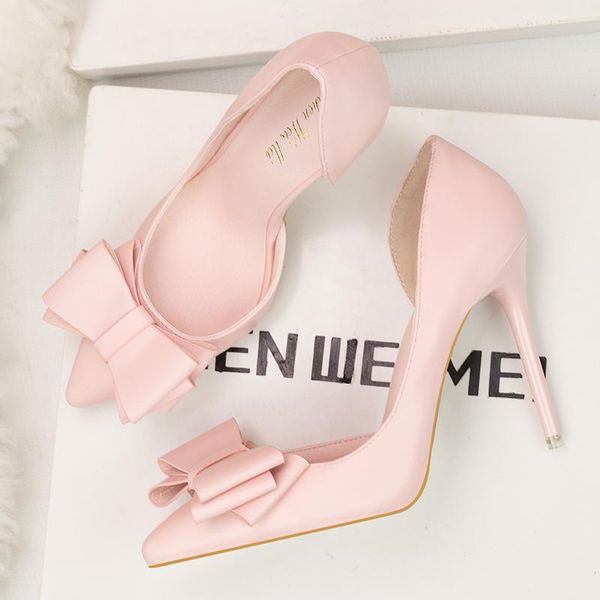 

dress shoes pink woman bow-knot pumps ladies high heels 10cm lovely heel sandals scarpe donna escarpins femme 2021, Black