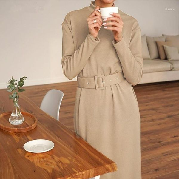 

autumn winter style women elegant dress long sleeve mock neck belt knitted midi female office vestidos1, Black;gray