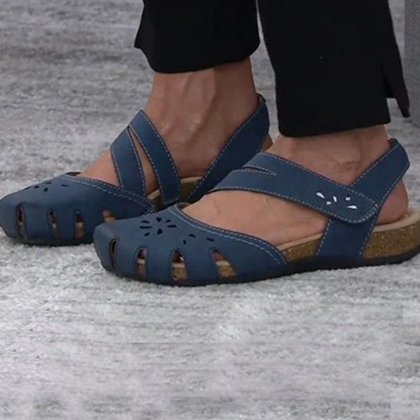 

low heel artificial leather magic tape summer sandals women's closed toe walking corrector cusion*3, Black