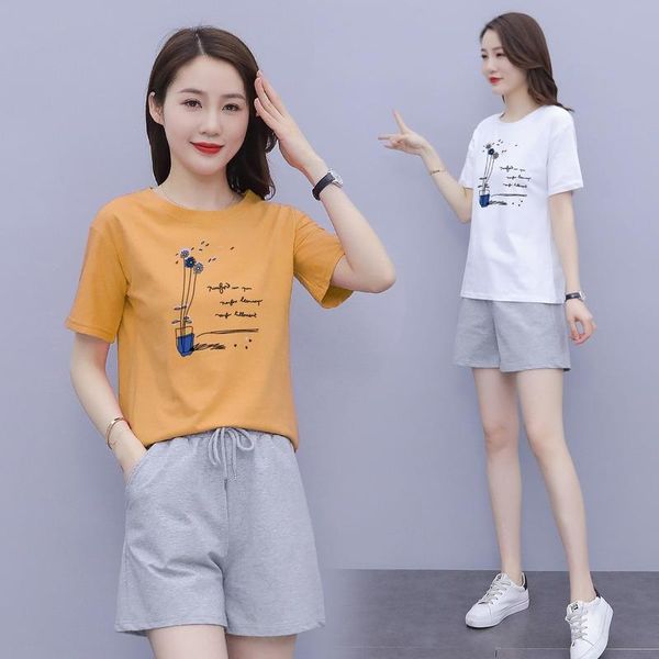 

women's tracksuits two-piece short-sleeved shorts summer casual sports suit women spring 2021 style pure cotton thin loose, Gray
