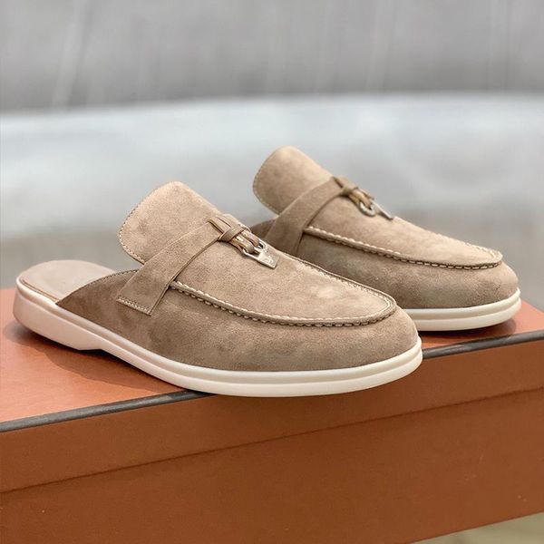 

slippers summer real leather flat shoes woman designer roma metal lock decorate round toe mules lady walk slide, Black