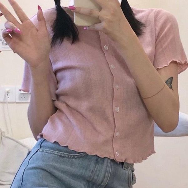

women's t-shirt knitting solid single-breasted female short-sleeved t-shirts o-neck simplicity slim woman fashion casual base tees wome, White
