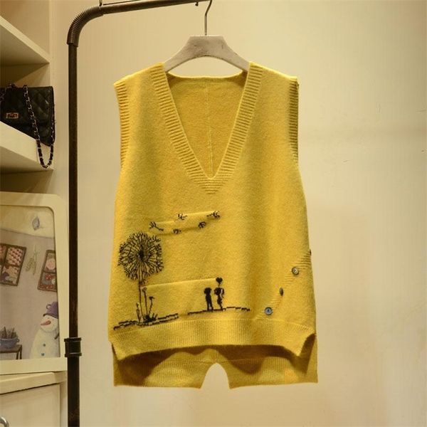 

embroidered v-neck knitted sweater vest femal cartoon pattern frill loose sleeveless bottoming pullover women 210915, Black;white