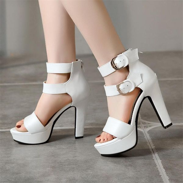 

summer sandals shoes women high heels open toe platform female black white blue plus red size 36-43