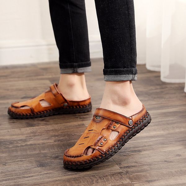 

slippers large size sandals summer men's fashion casual beach shoes cowhide 2tbb, Black