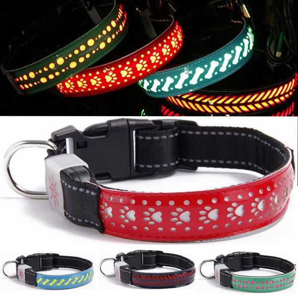LED-Hundehalsbänder, über USB wiederaufladbar, gut sichtbar, blinkend, 4 Farben, 3 Größen, wasserabweisend, Weihnachtslicht, Leder, Nylon, Katze, Hundeknochen, Pfotensiegel, Halsband für Hunde, Schwarz, L