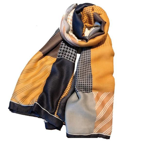 

scarves thousand bird tartan silk scarf female spring versatile long shawl air conditioning towel thin cotton linen big, Blue;gray