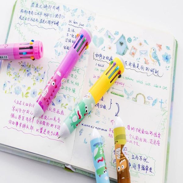 

ballpoint pens 1 pcs ten-colour ball pen cartoon multi-colour push multi-functional office school student pencil case stationer, Blue;orange