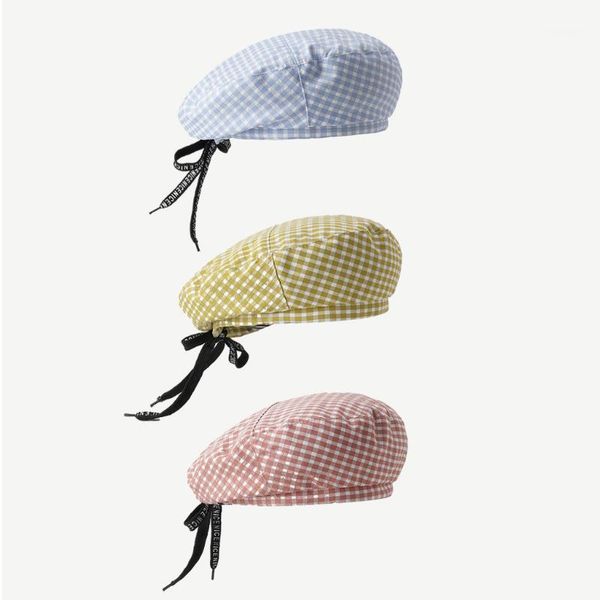 

autumn winter plaid ribbon women berets, japanese beret knit femal flat caps,france hats,ladies artist capthanksgiving gifts berets, Blue;gray