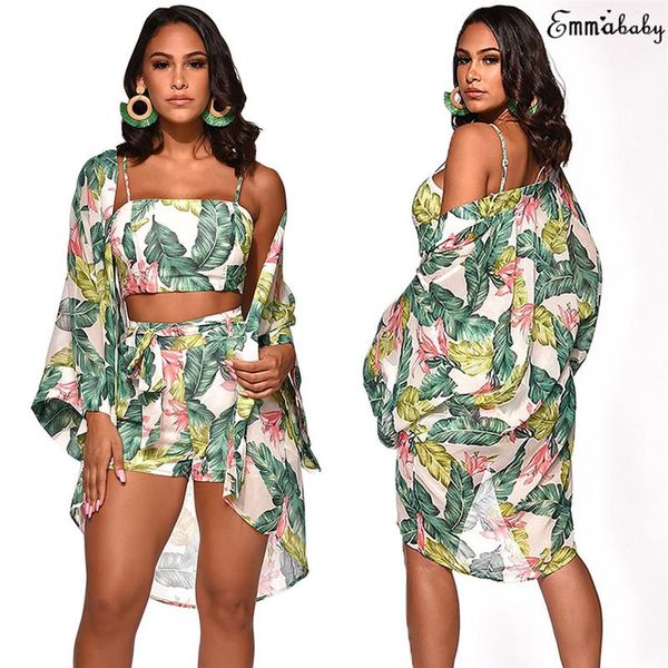 

summer women boho 3pcs floral print cardigan blouse crop shorts lady holiday beach three pieces set casual sets women's tracksuits, Gray
