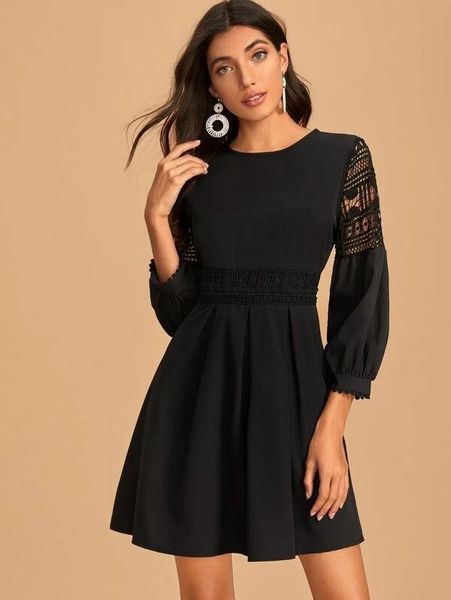 

fashion women dresses womens black lace a line dress o neck 3 4 solid sleeves elegant ball slim party vintage, Black;gray