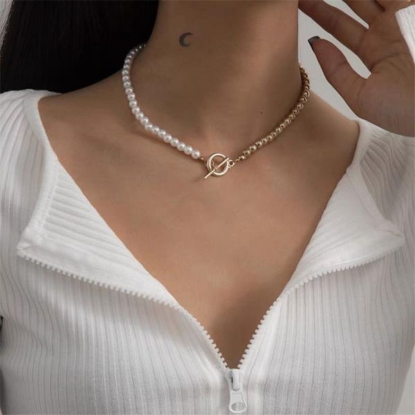 

pendant necklaces 2021 fashion baroque pearl chain necklace women collar wedding punk toggle clasp circle lariat bead choker jewelry, Silver