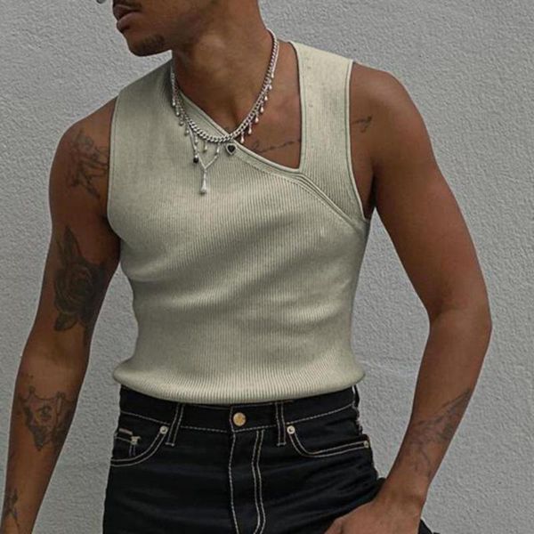 

men' tank men tank- slash neck knitted vest solid color stylish sleeveless slim- fit summer fashion casual loose streetwear, White;black