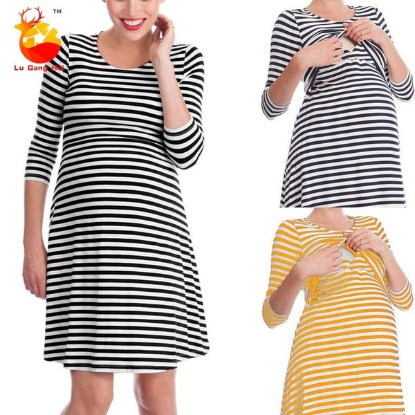 

selling striped moonwear maternity nursing dress pajamas a-line skirt pure cotton fabric does not shrink against dresses, White