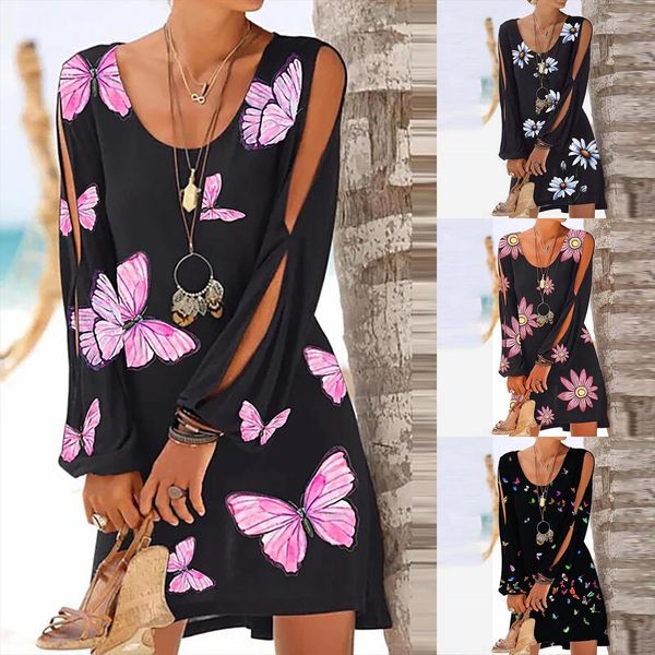 

openwork long sleeve mini elegent women dress butterfly print summer boho bech party loose dresses vestidos, Black;gray