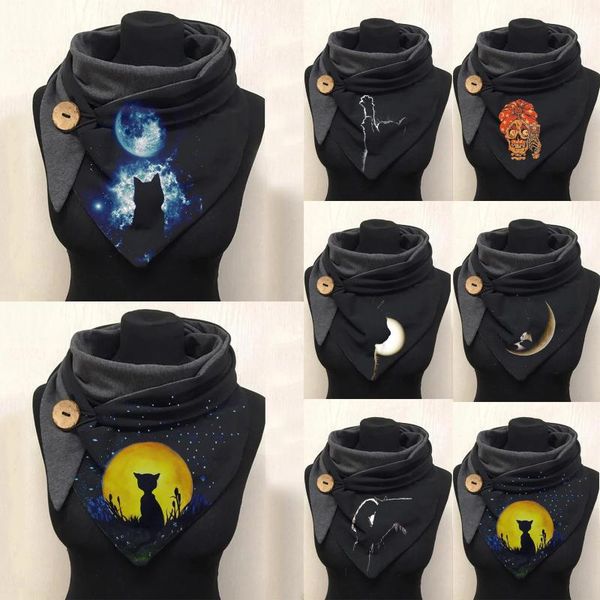 

scarves women casual cat print scarf fashion retro multi-purpose shawl button designer winter warm shawls in stock, Blue;gray