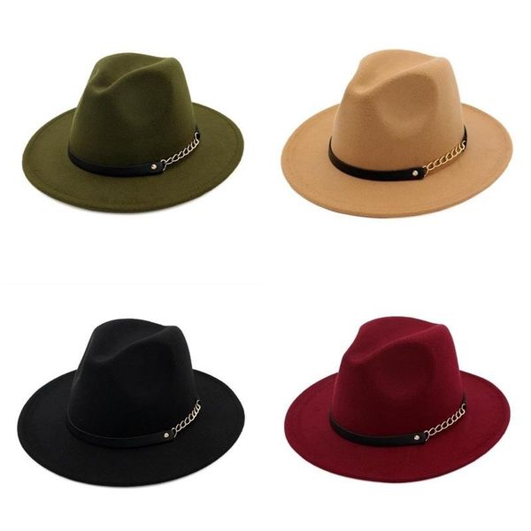

fashion felt wide brim hat female classic formal hats simplicity chain decoration fedora cap for women new pattern 8wf f2, Blue;gray