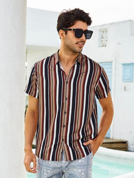 

men random colorful striped print shirt b1ks#, White;black