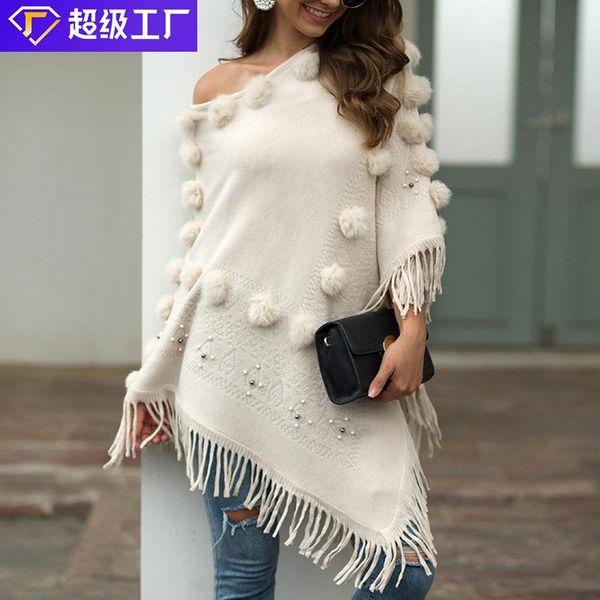 

women's sweaters pullovers women 2021 off shoulder cape tassel cloak hair bulb beading fashion mmy319224, White;black