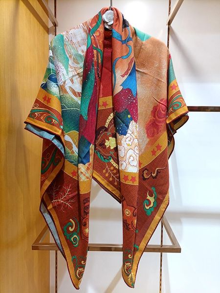 

scarves high-end elegant women dunhuang apsaras chinese style printing silk cashmere double-sided hand-rolled edge shawl scarf, Blue;gray