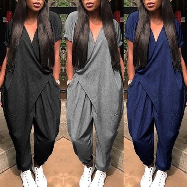 

plus size women jumpsuits summer overalls fashion pantalon pants v neck button playsuits female short sleeve romeper 210326, Black;white