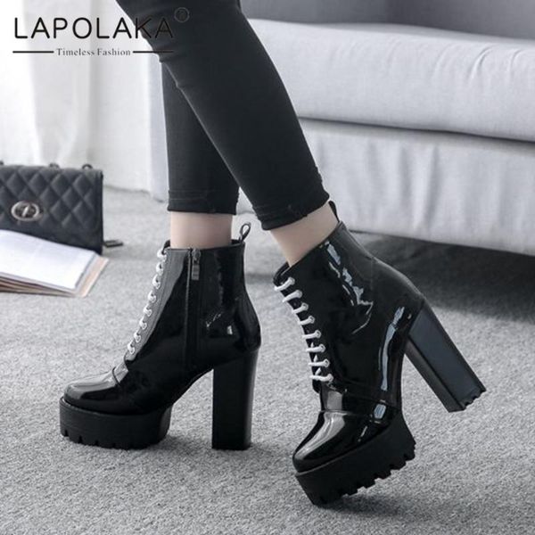 

boots lapolaka 2021 design square high heels woman shoes platform zip up ins trendy cool street non slip comfy booties female, Black
