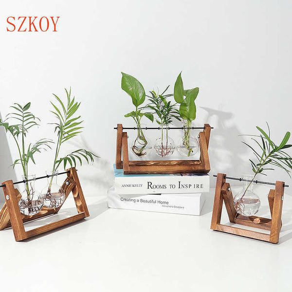 Gota Terrarium criativo planta hidropônica vaso transparente quadro de madeira decoração de vidro mesa de mesa bonsai decor 210623