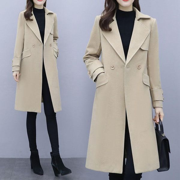 

women's coat autumn and winter wear mid long versatile suit collar double button fashion warm pure color woolen wool & blends, Black