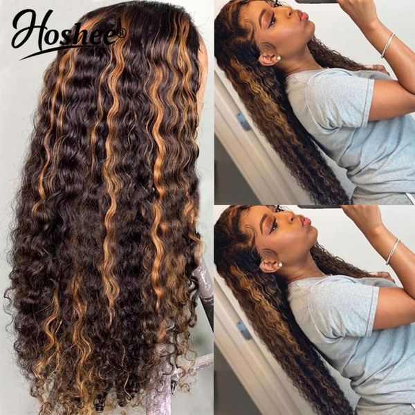 

13x4 lace front human hair wigs for women pre plucked brazilian remy curly highlight honey blonde brown wig 150%, Black;brown