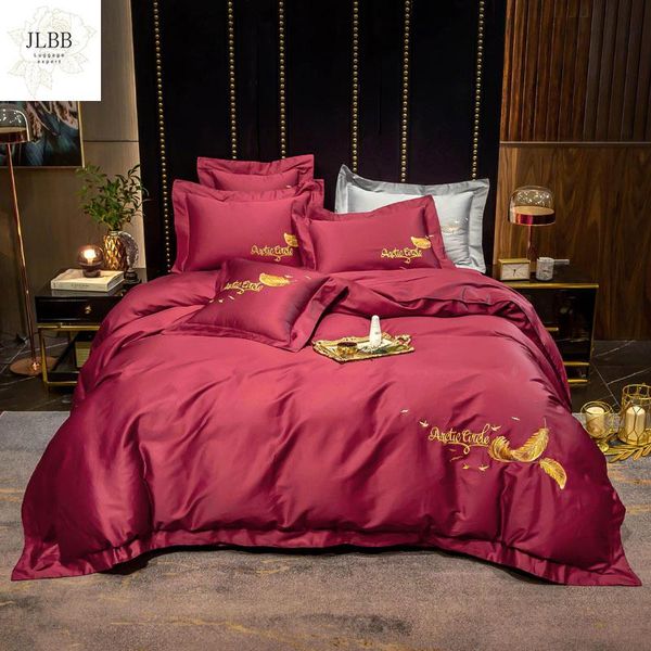 

bedding sets red yellow white blue pink purple egyptian cotton feather embroidery duvet cover bed linen fitted sheet pillowcases set