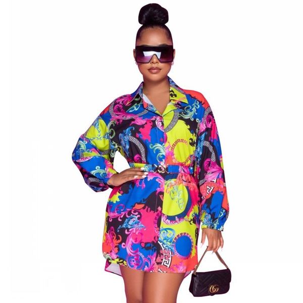 

casual dresses loose short shirt dress women single breasted full sleeve outfits autumn fashion print elegant chic office lady 2021, Black;gray