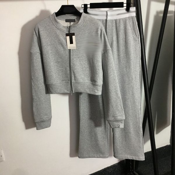 

women's suit casual embroidery letters long-sleeved zipper round neck sweater coat + high-waist straight trousers# two-piece suit, White