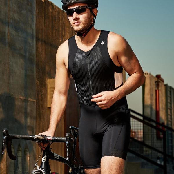 

santic men's triathlon cycling suits sleeveless quick dry bike clothing for running swimming mesh padded tight jumpsuit mtb racing sets, Black;blue