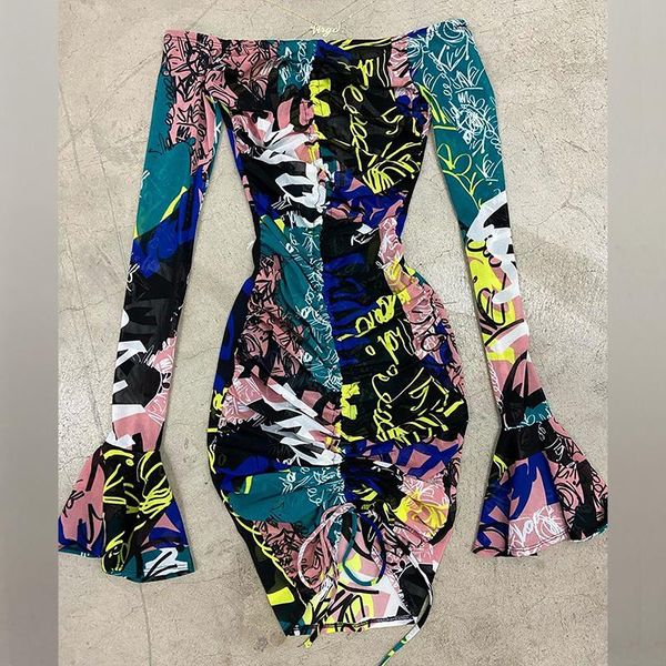 

casual dresses multicolor print pleated lace-up vintage slash neck women dress fashion flare sleeve elegant ladies mini autumn, Black;gray