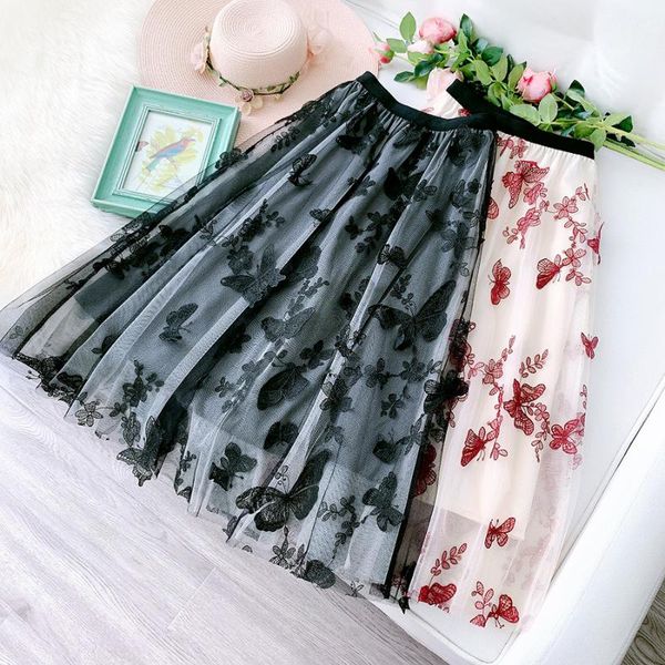 

ins fashion women spring autumn skirt long skirts mesh, Black