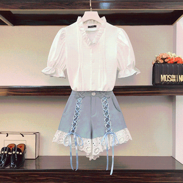 

plus size tracksuits tracksuit women ruffles v-neck white shirt blouse and high waist bandage lace hem wide leg denim shorts suits, Black