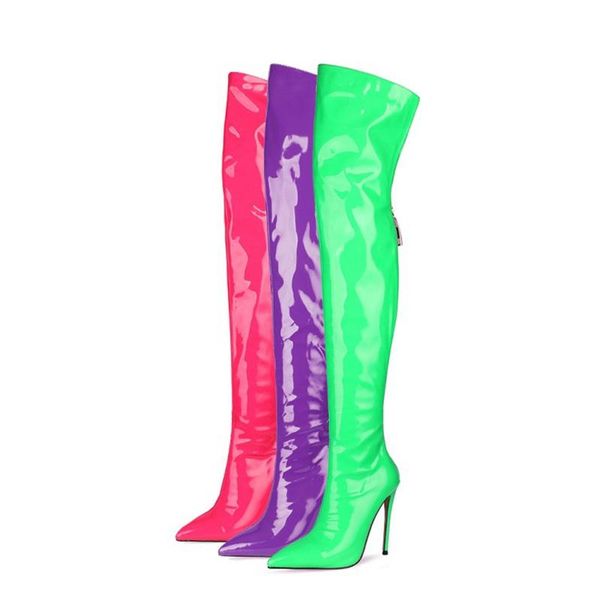

boots women shoes over the knee high heel 12cm long pink purple green for, Black