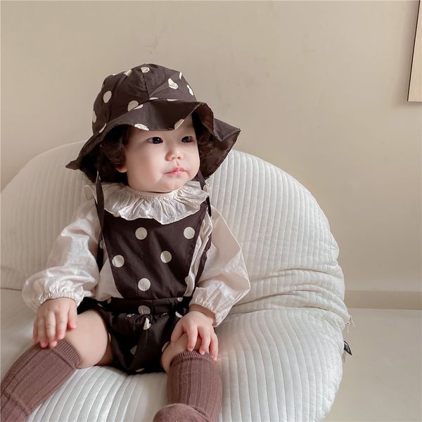 

boys overalls spring new kids clothes sets baby boys girls ruffle collar long sleeve shirts and dot jumpsuit overalls hat 3pcs, White;black