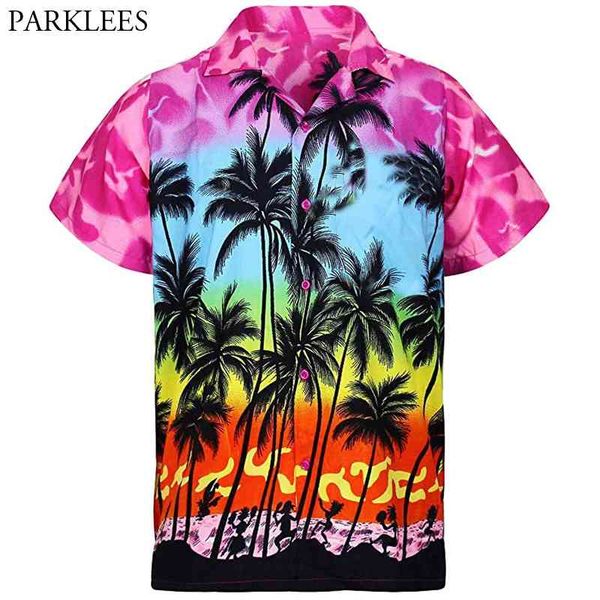 

palm tree printed mens hawaiian shirts short sleeve casual summer men tropical aloha party beach wear clothing chemise 3x 210721, White;black