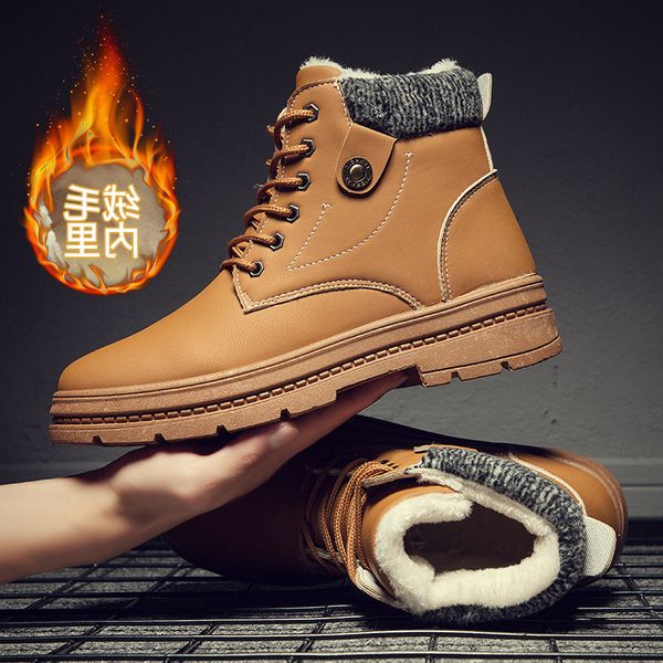 

winter new men's leather boots british high plush warm cotton korean casual work clothes martin men, Black