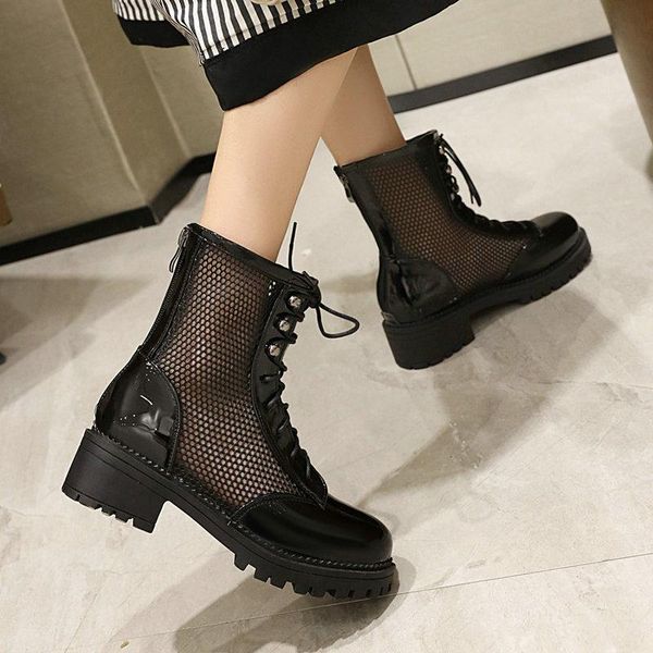 

boots 2021 summer breathable mesh women platform thick high heel ankle fashion zipper cross tied spring autumn shoes, Black