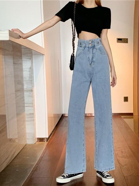 

women's jeans high waist spring and autumn clothes straight tube loose wide leg pants look thin floor length, Blue