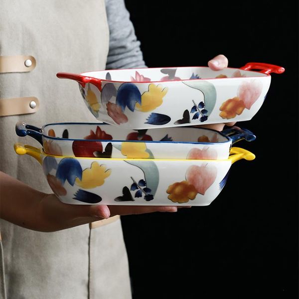 

dishes & plates japanese-style art ceramic binaural baking tray microwave oven dedicated home kitchen cheese plate western tableware
